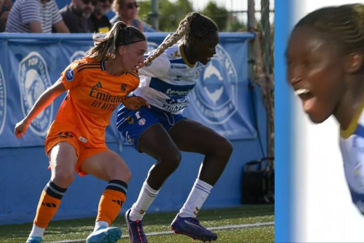 Super Falcons Nigeria star Rinsola Babajide scores a penalty for Costa Adeje Tenerife in their 1-4 loss against Real Madrid.