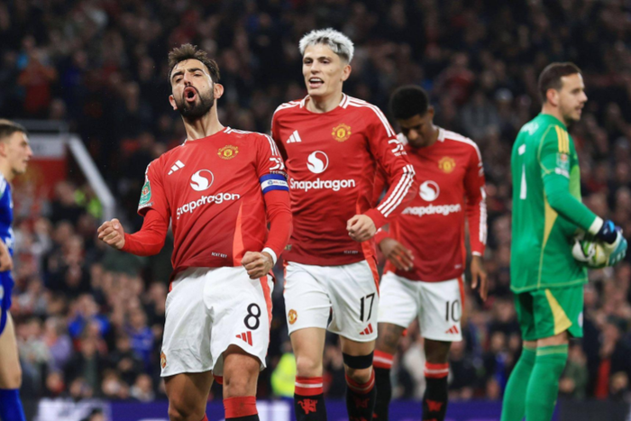 Bruno Fernandes celebrating one of his goals against Leicester City || Image credit: Imago