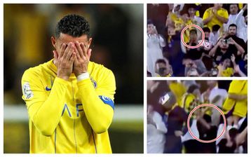 Ronaldo’s awkward penalty sends young fan's mobile phone flying away and collapsing to floor