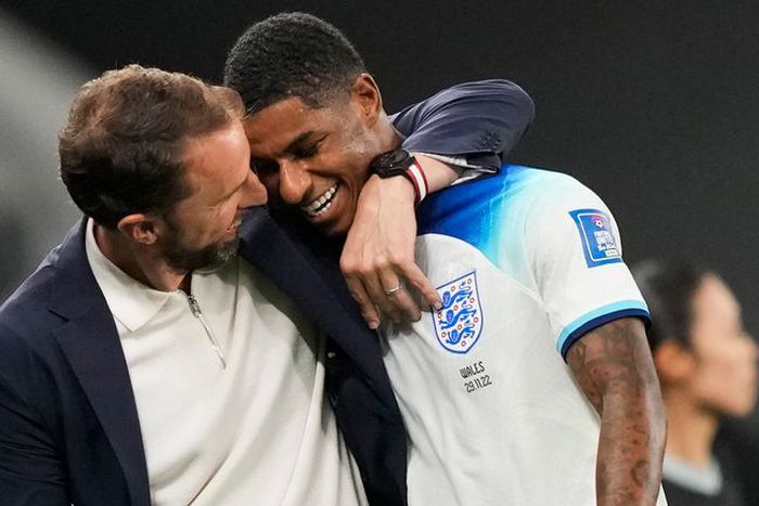 England manager Gareth Southgate with Marcus Rashford after his excellent display against USA