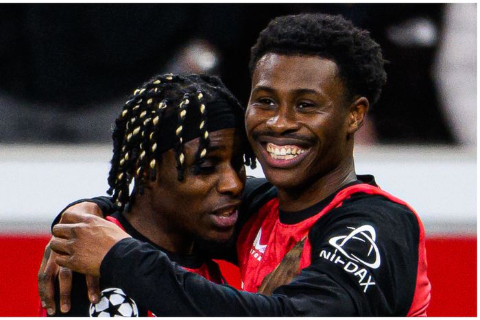 Nathan Tella in the Champions League with Leverkusen teammate Jeremie Frimpong.