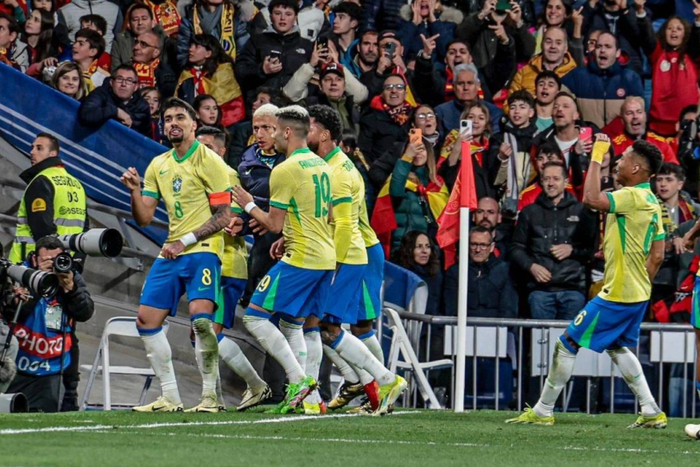 Player Lucas Paqueta celebrates his goal, during a match between Spain and Brazil || Image credit: Imago