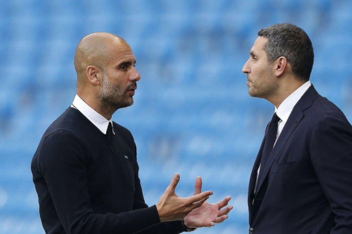 Manchester city coach Pep Guardiola and club president Khaldoon Mubarak || Image credit: Imago