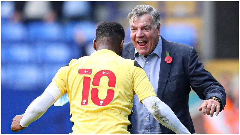 Sam Allardyce and Jay Jay Okocha catch up recently during a legends' match for Bolton.