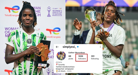 Super Falcons hero Esther Okoronkwo reaches 100,000 followers on Instagram days after powering Nigeria to 10th WAFCON title