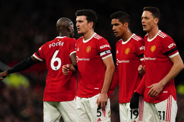 ManU v Tottenham Hotspur - Premier League - Old Trafford (left to right) Manchester United s Paul Pogba, Harry Maguire, Raphael Varane and Nemanja Matic line up for a wall during the Premier League match || Image credit: Imago