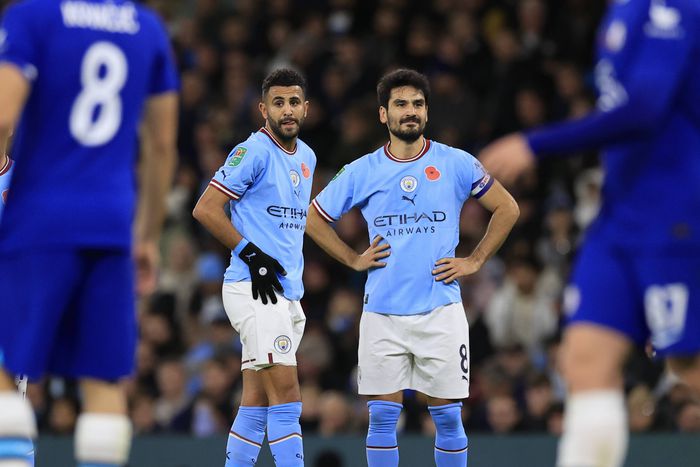 Carabao Cup Third Round Manchester City v Chelsea Riyad Mahrez 26 and Ilkay Gundogan 8 of Manchester City await taking a free-kick during the Carabao Cup Third Round match Manchester City vs Chelsea