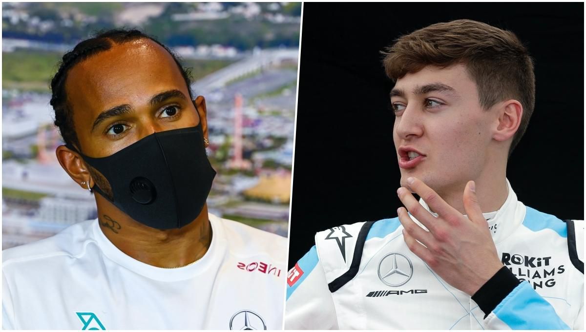 Koláž - Lewis Hamilton a George Russell.