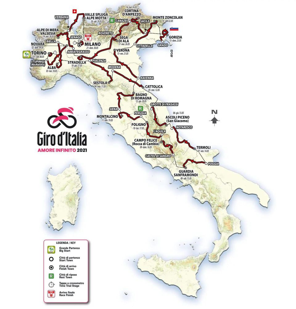 Mapa celej trasy Giro d'Italia 2021.