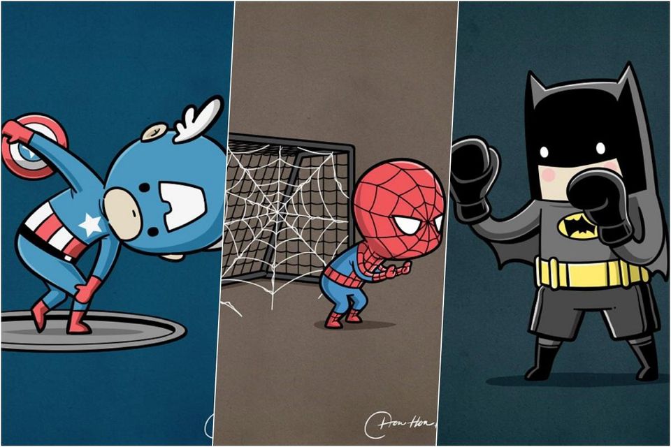 Ilustrátor premenil známych superhrdinov na športovcov.
