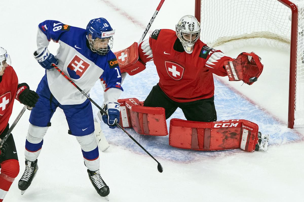 Thibault Fatton a Juraj Slafkovský.