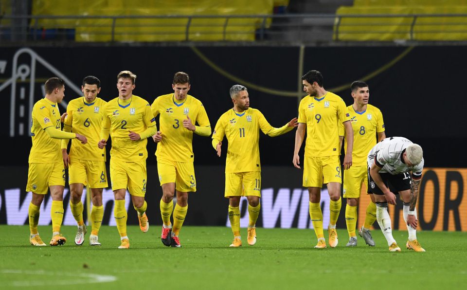 Hráči Ukrajiny v zápase Ligy národov proti Nemecku