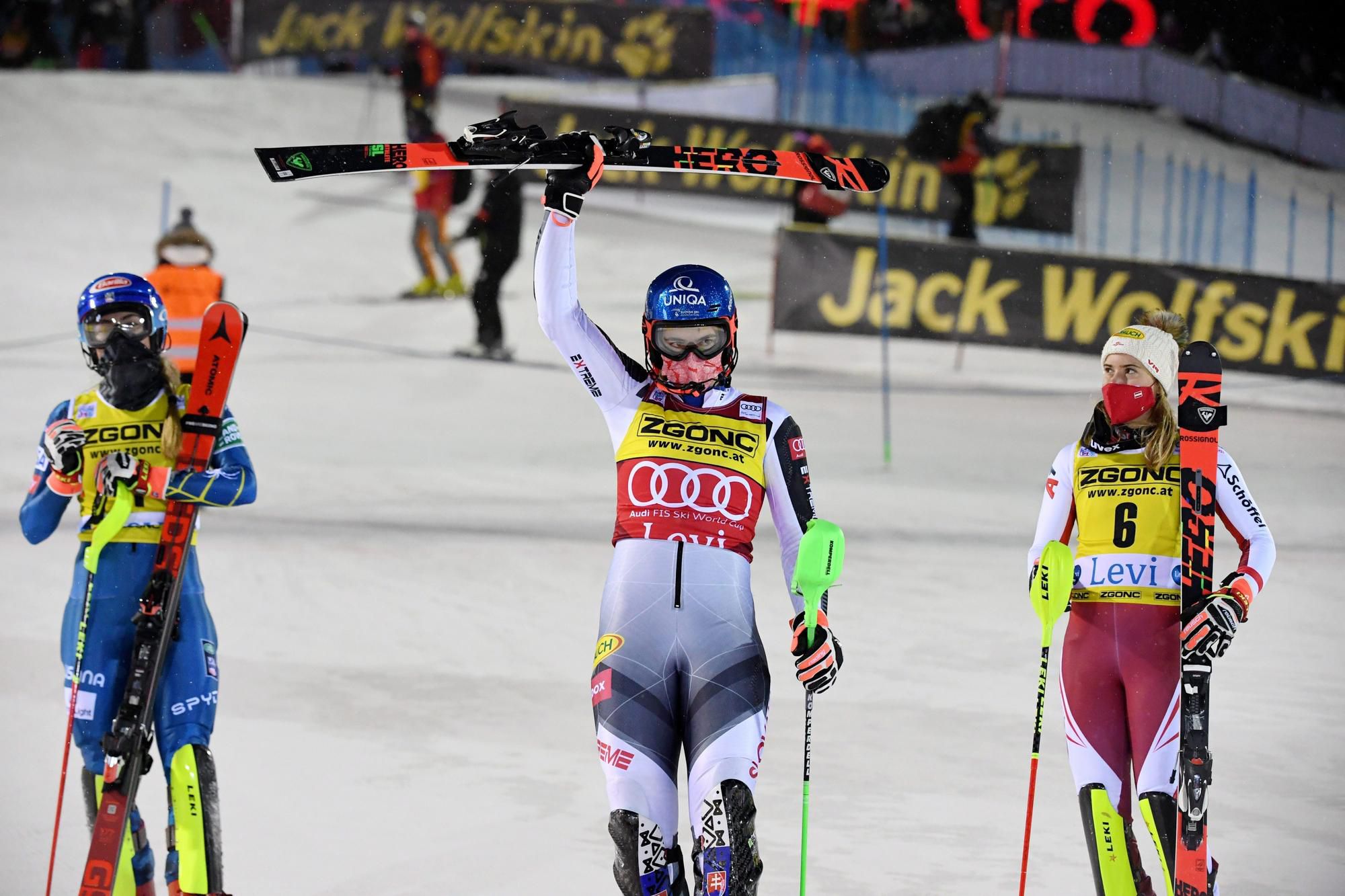 Stupeň víťazov po úvodnom slalome sezóny 2020/2021 vo fínskom Levi