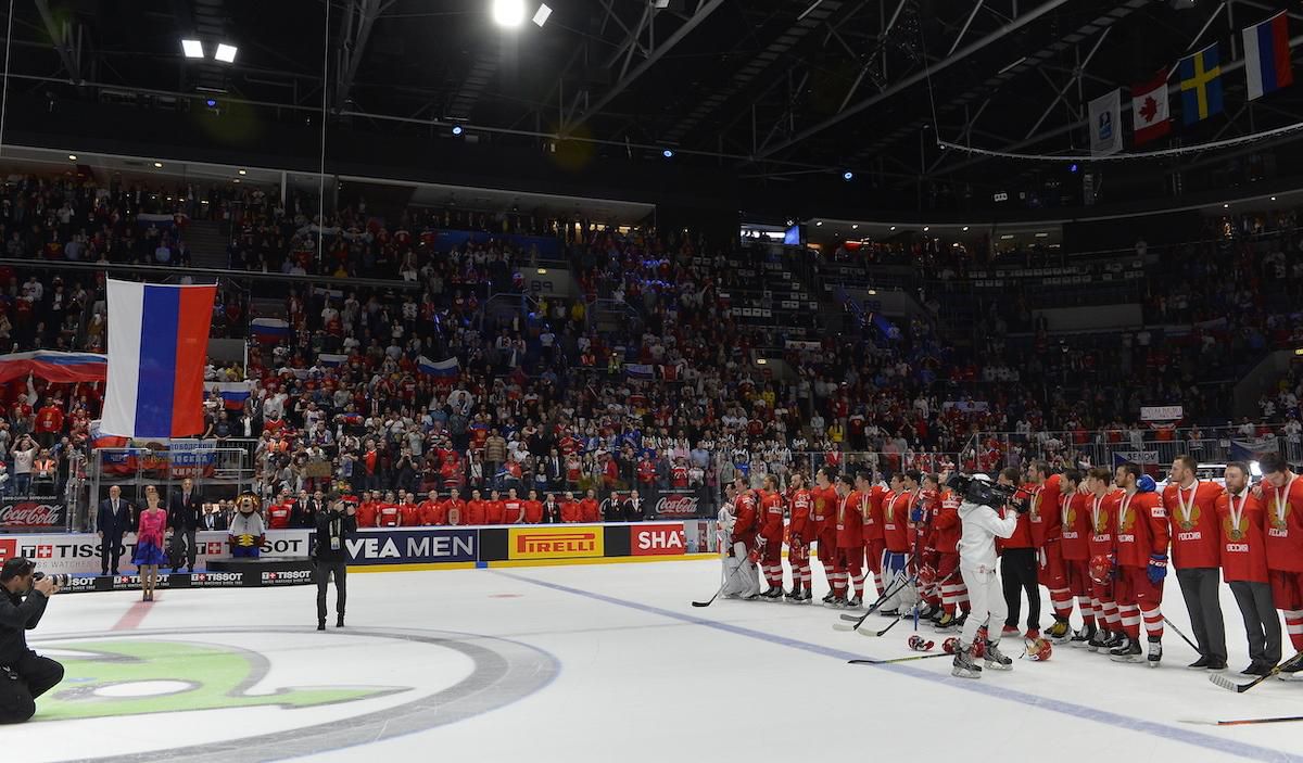 Ruskí hokejisti po zápase o bronz na MS 2019 v Bratislave a Košiciach.