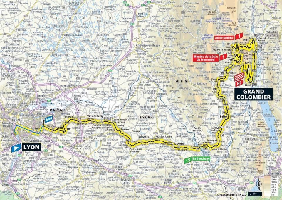 Mapa 15. etapy Tour de France 2020.