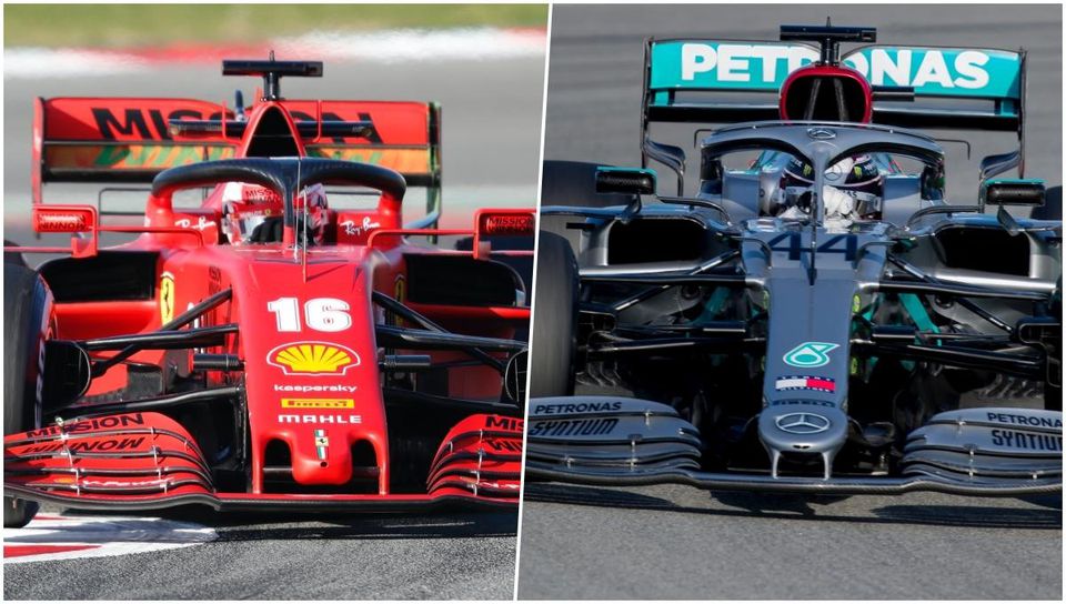 Koláž - Sebastian Vettel na Ferrari a Lewis Hamilton na Mercedese.