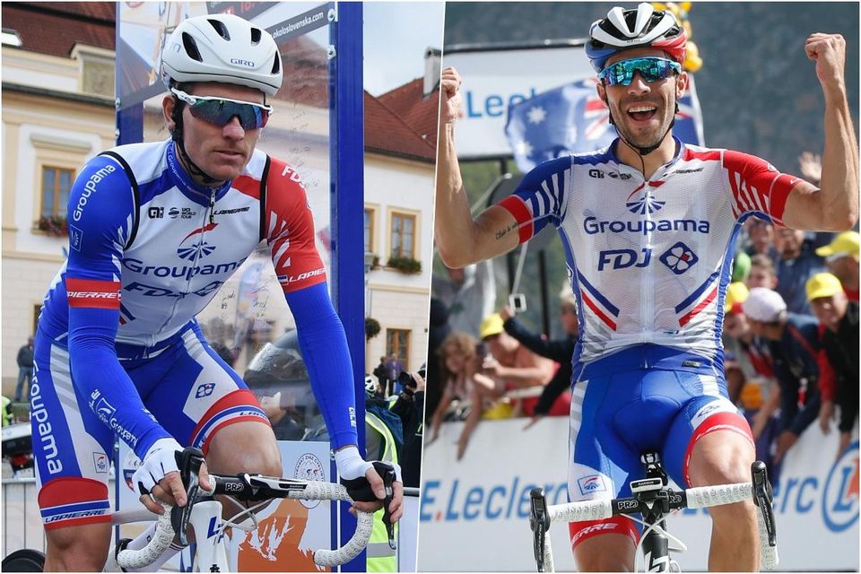 Francúzski cyklisti Arnaud Demare a Thibaut Pinot.