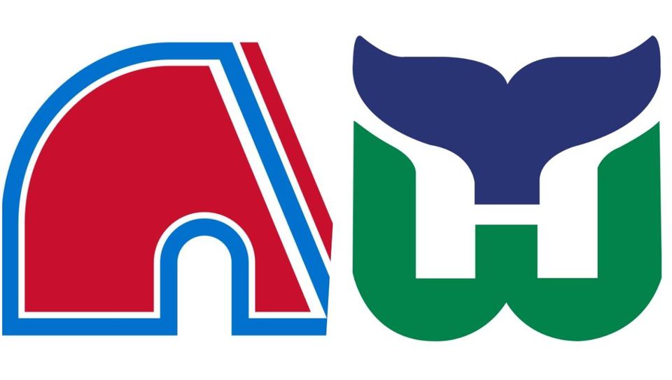 Koláž - logá klubov Quebec Nordiques a Hartford Whalers.