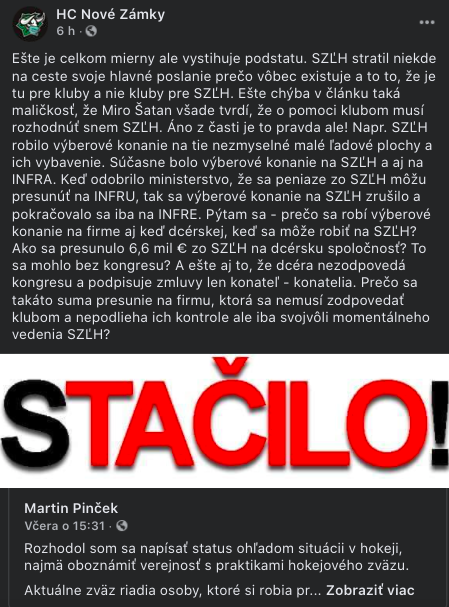 Status klubu HC Nové Zámky ku kritike Pinčeka na vedenie SZĽH.