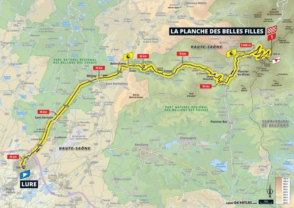 Mapa 20. etapy Tour de France 2020.