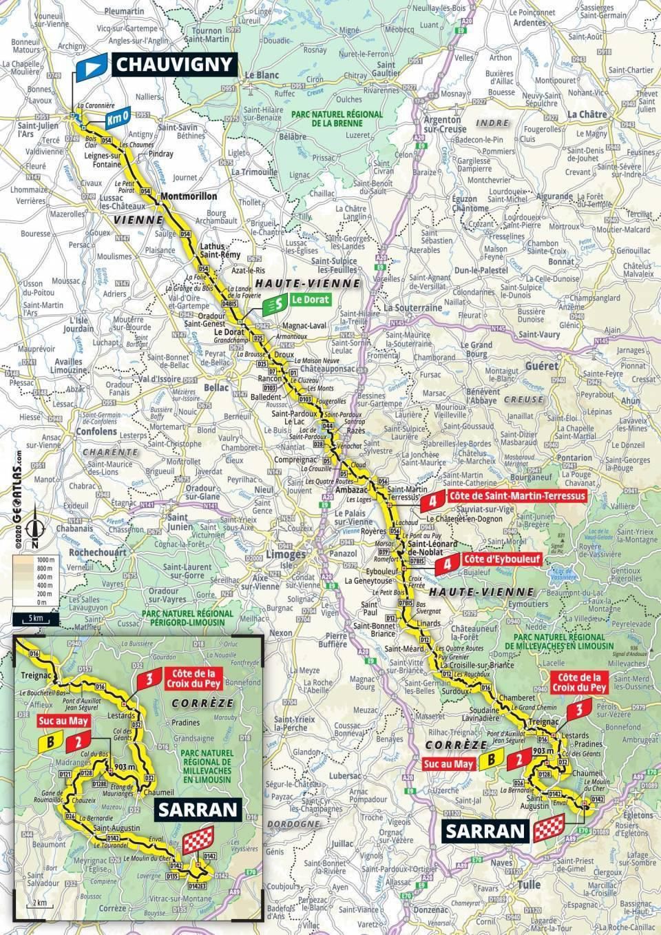 Mapa 12. etapy Tour de France 2020.