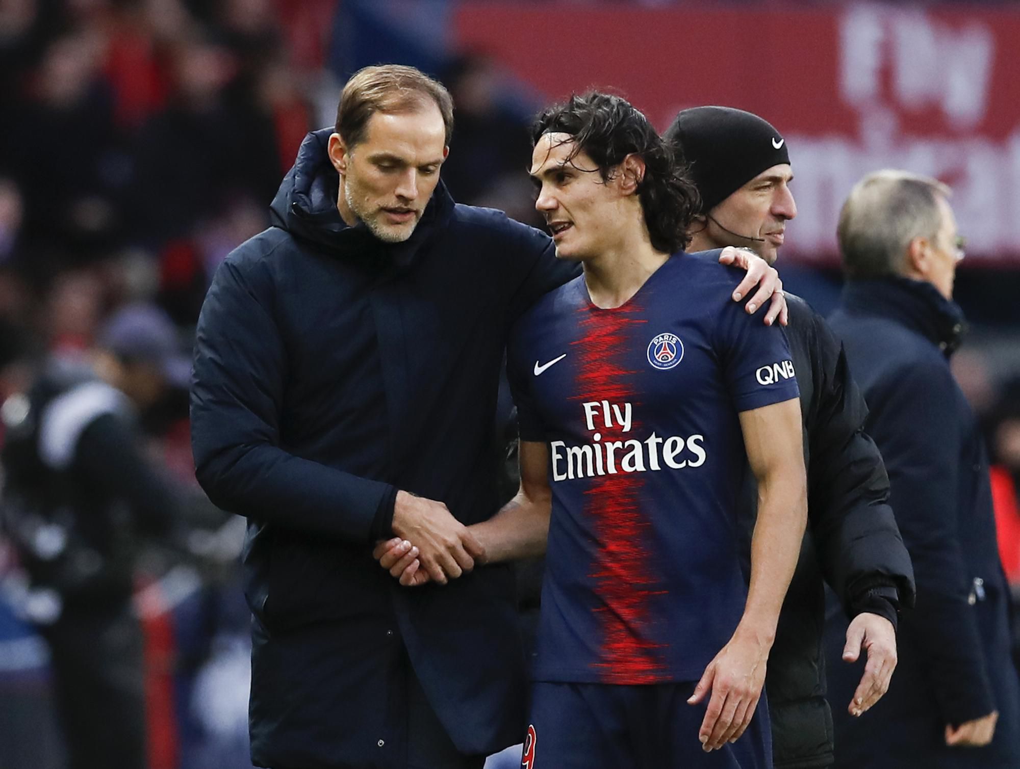 Tréner PSG Thomas Tuchel a Edinson Cavani.