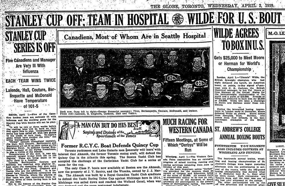 Dobové torontské noviny Globe oznamujú, že boje o Stanley Cup sa v roku 1919 nedohrali.