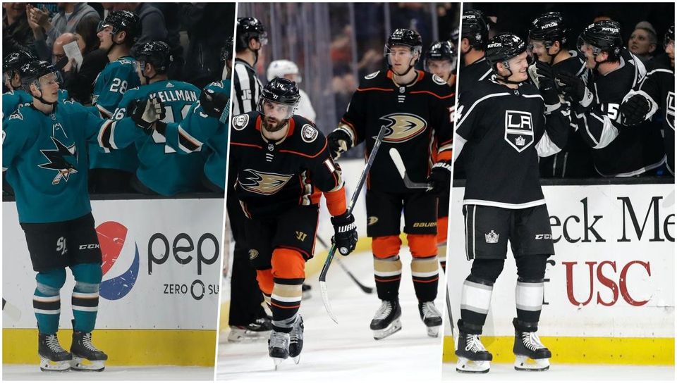 Koláž - San José Sharks, Anaheim Ducks a Los Angeles Kings.