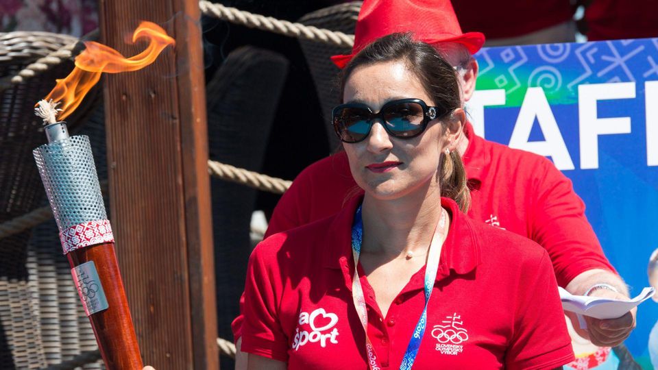 Ambasádorka štafety a bývalá slovenská plavkyňa Martina Moravcová počas osláv celosvetového Olympijského dňa.