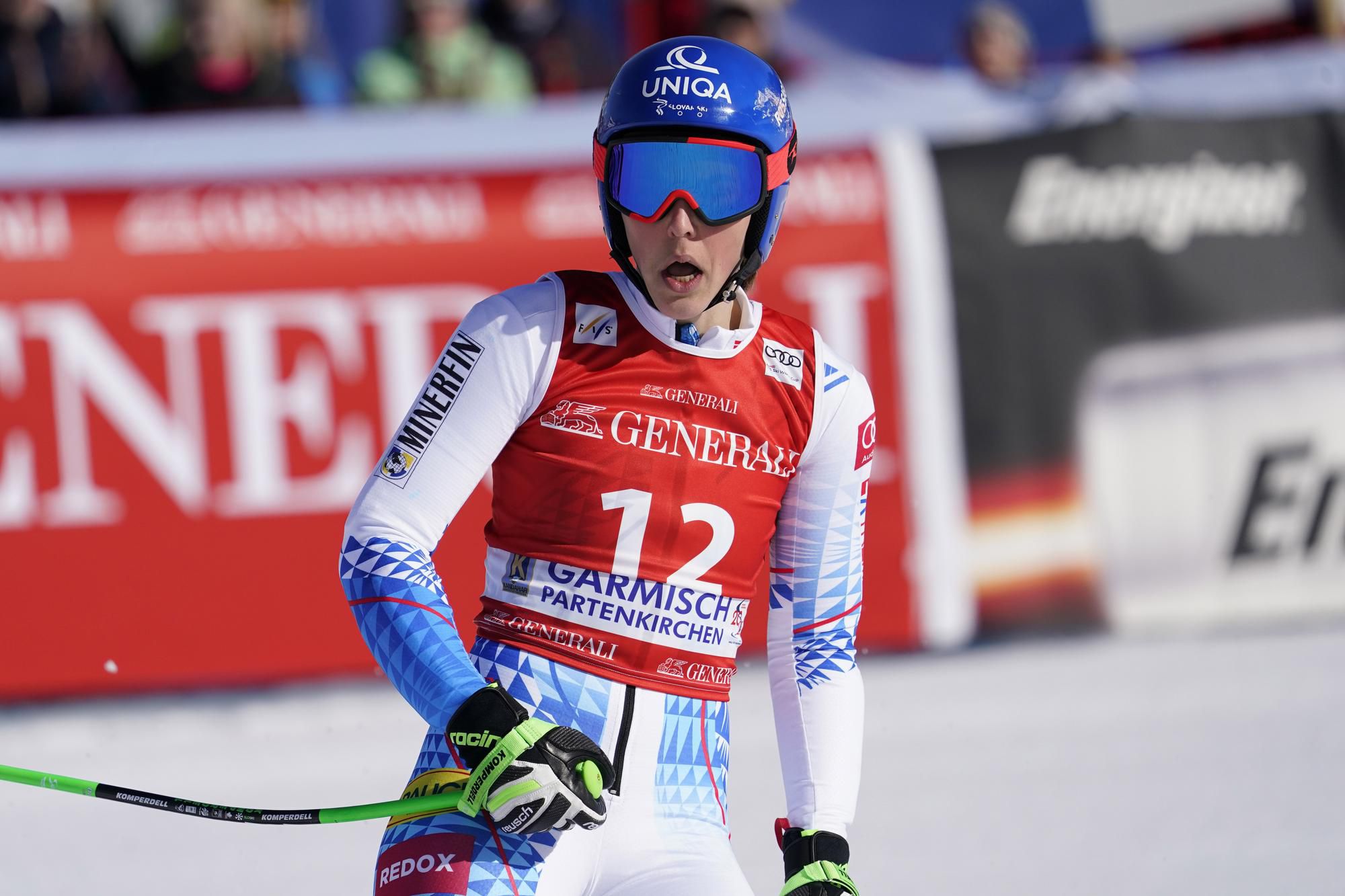 Petra Vlhová v cieli Super-G v Garmisch-Partenkirchene