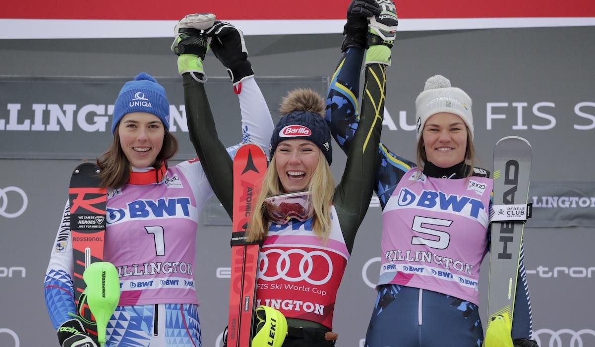 Mikaela Shiffrinová, Petra Vlhová a Anna Swennová Larssonová na stupňoch víťazov