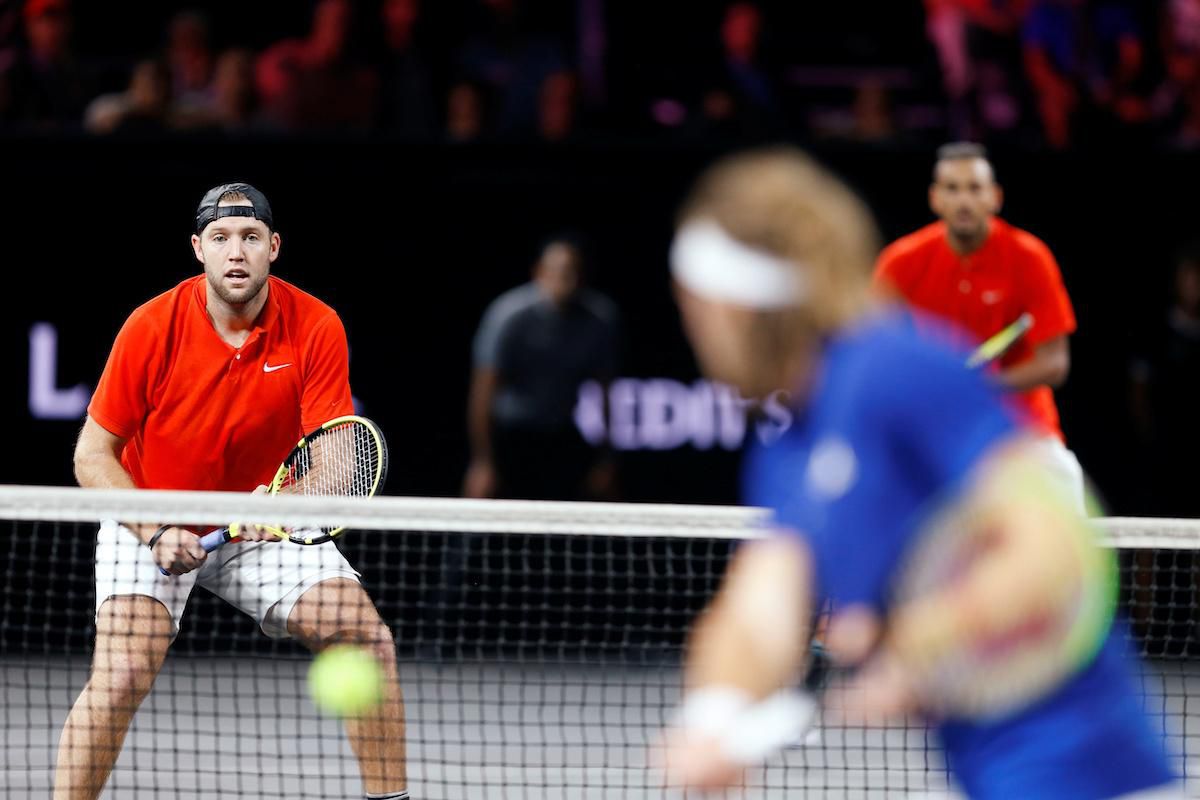 Jack Sock počas štvorhry na Laver Cupe.