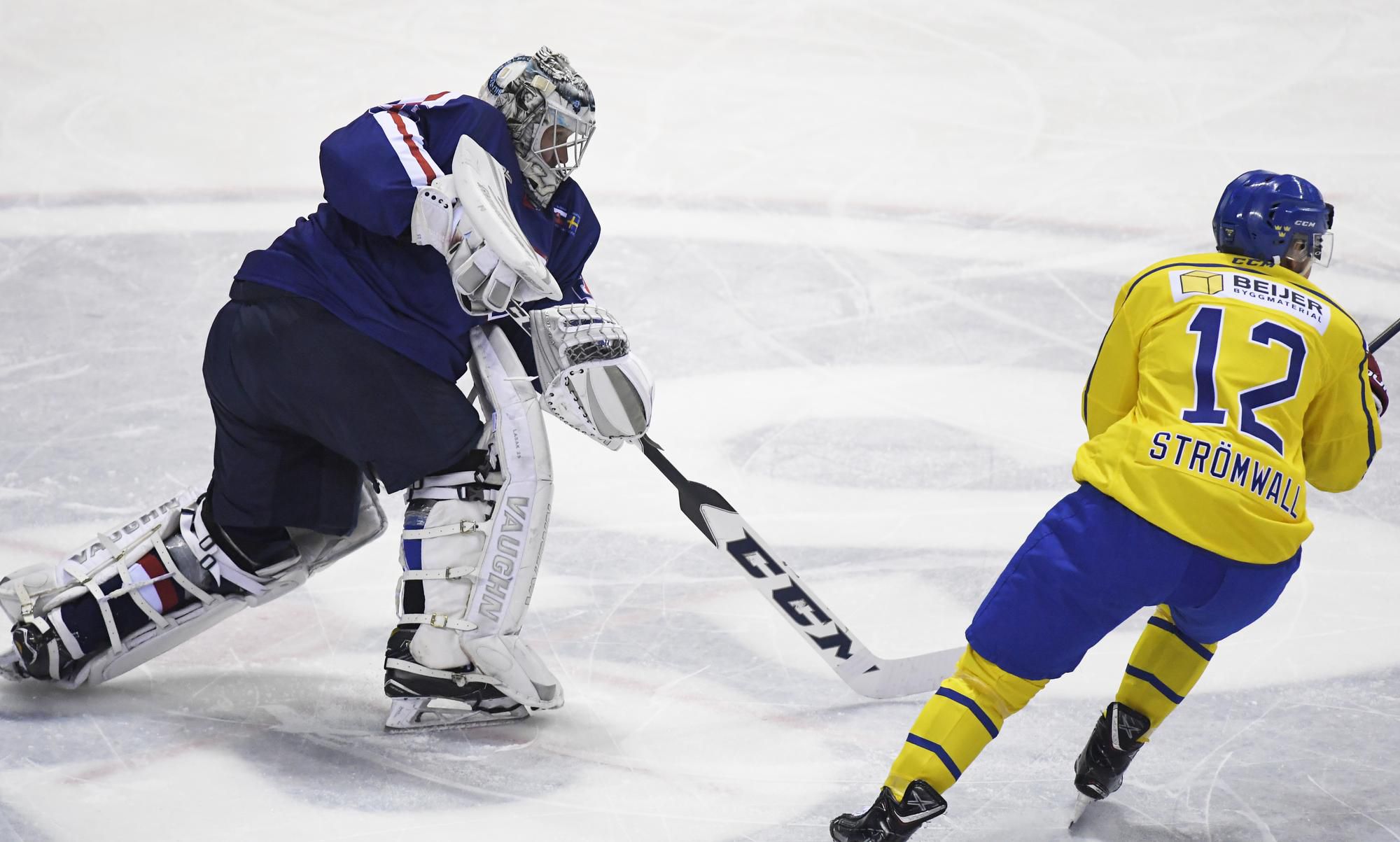 Brankár Ján Lašák a Johan Strömwall v exhibičnom zápase hokejových hviezd Slovensko - Švédsko.