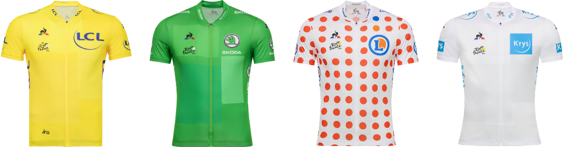 Žltý, zelený, bodkovaný a biely dres Tour de France 2019.