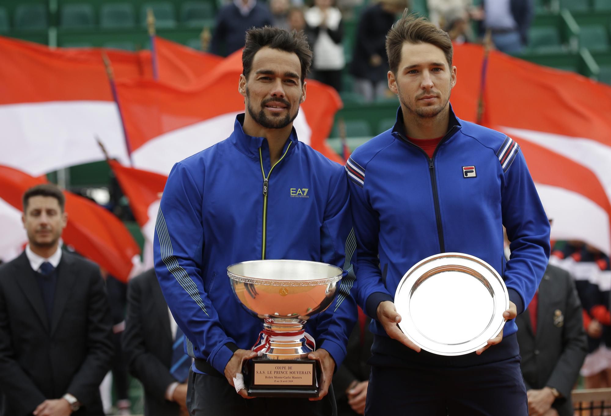 Taliansky tenista Fabio Fognini (vľavo) pózuje s trofejou po víťazstve proti Srbovi Dušanovi Lajovičovi (vpravo) vo finálovom zápase na turnaji ATP v Monte Carle.