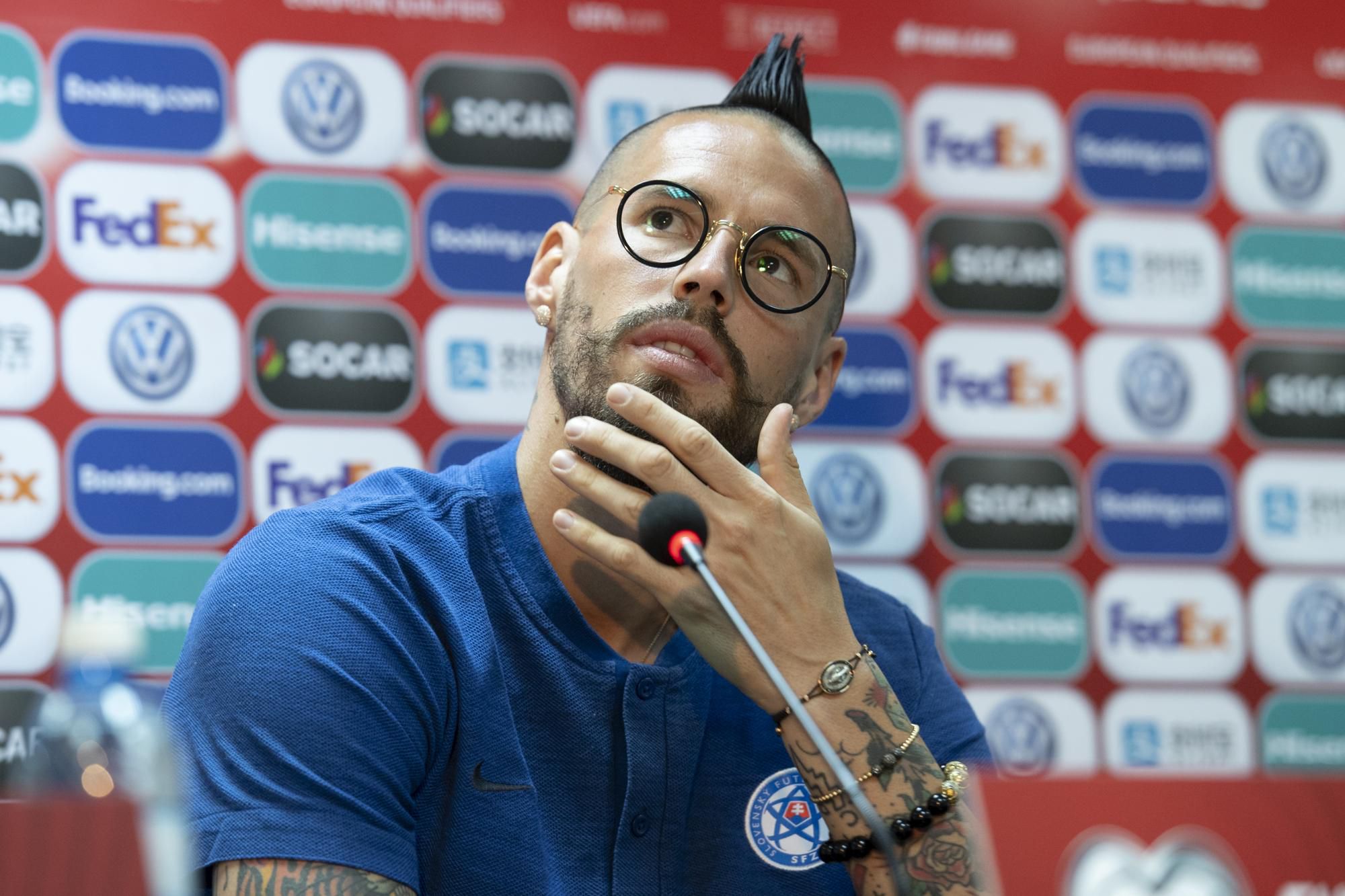 Kapitán slovenskej futbalovej reprezentácie Marek Hamšík počas tlačovej konferencie.