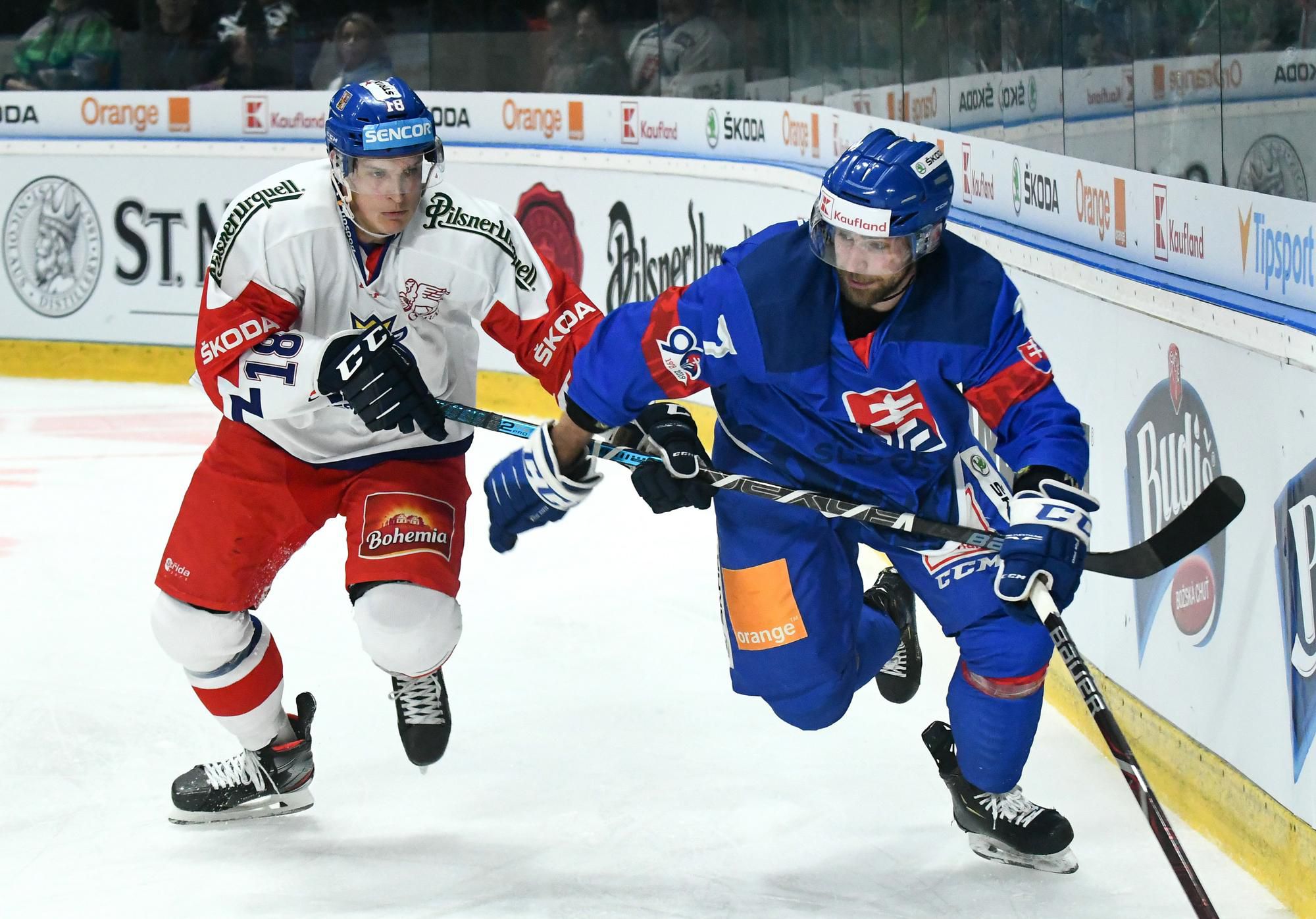Dominik Kubalík z Čiech (vľavo) a Mário Grman zo Slovenska v zápase Euro Hockey Challenge.