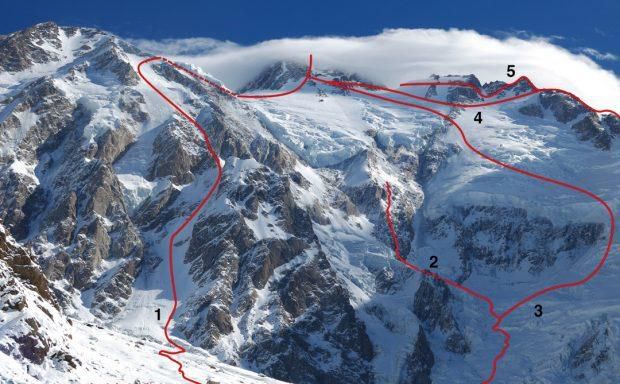 Na snímke Diamirskej steny je Kinshoferova cesta z roku 1962 (č. 1), Messnerova cesta z roku 1978 (č. 3) a medzi nimi pod č. 2 Mummeryho rebro, na ktorom sa Nardi v roku 2013 dostal do výšky 6400 metrov.