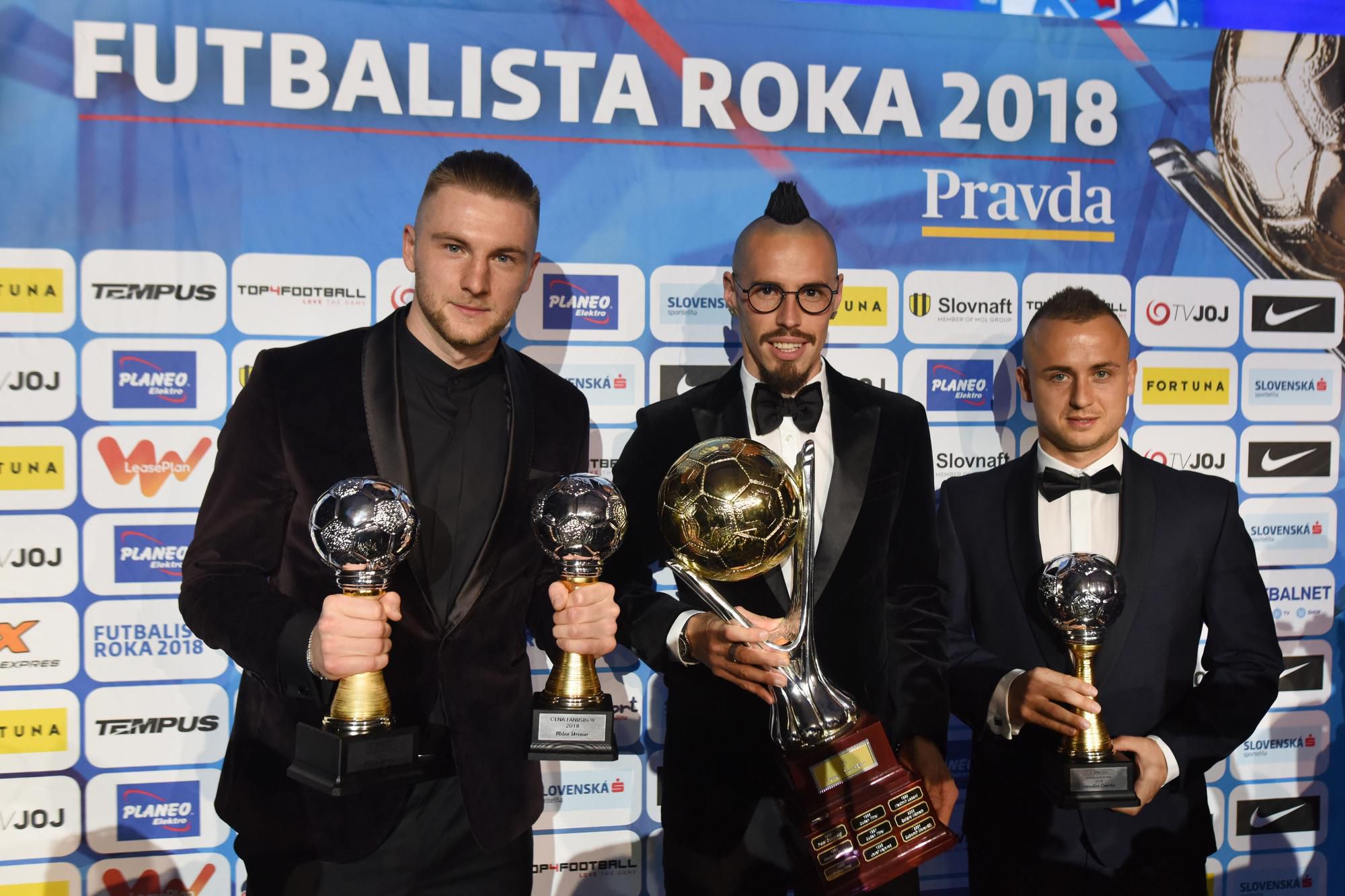 Slovenskí futbalisti Milan Škriniar (2. miesto), Marek Hamšík (1. miesto) a Stanislav Lobotka (3. miesto).