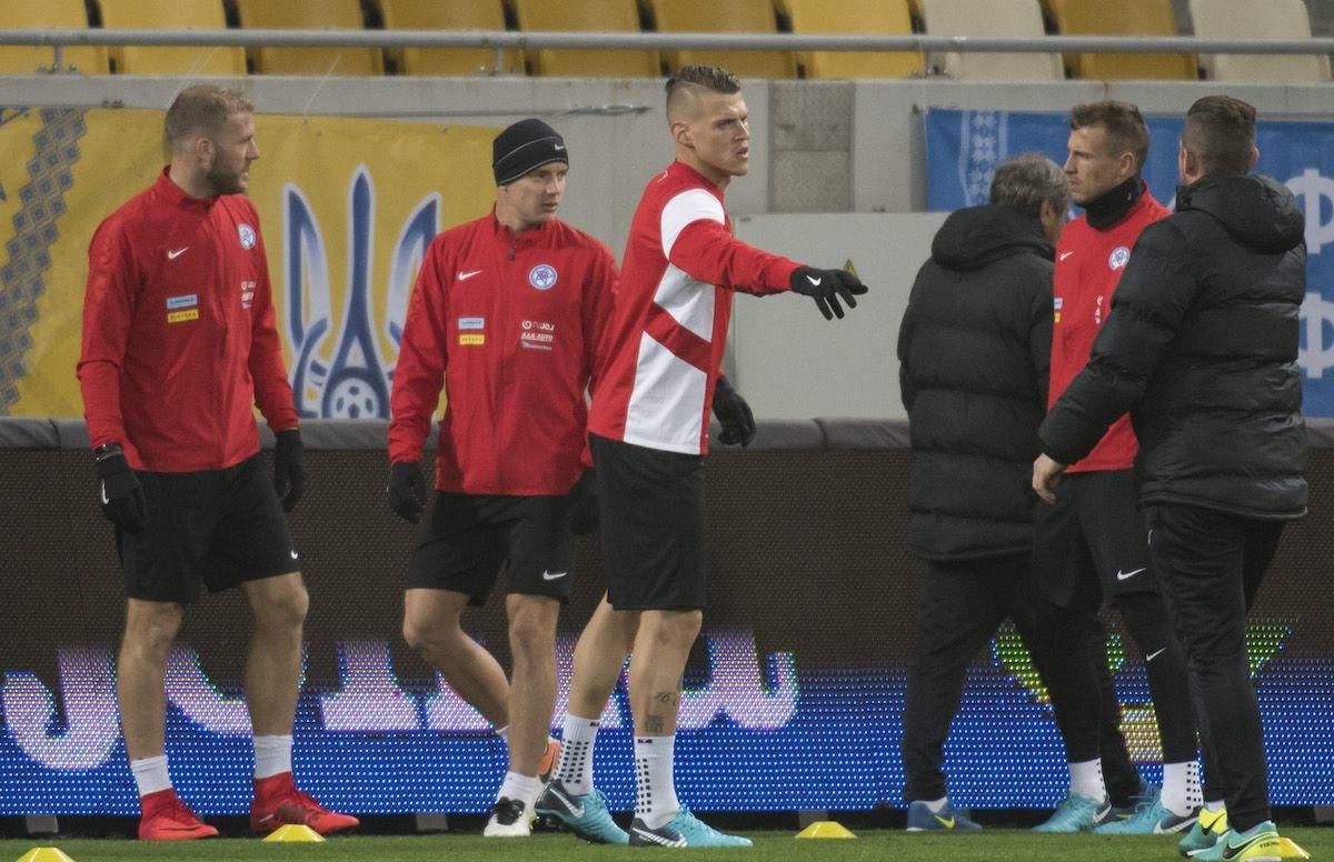 Adam Nemec, Tomáš Hubočan, Martin Škrtel a Ján Ďurica na tréningu reprezentácie Slovenska