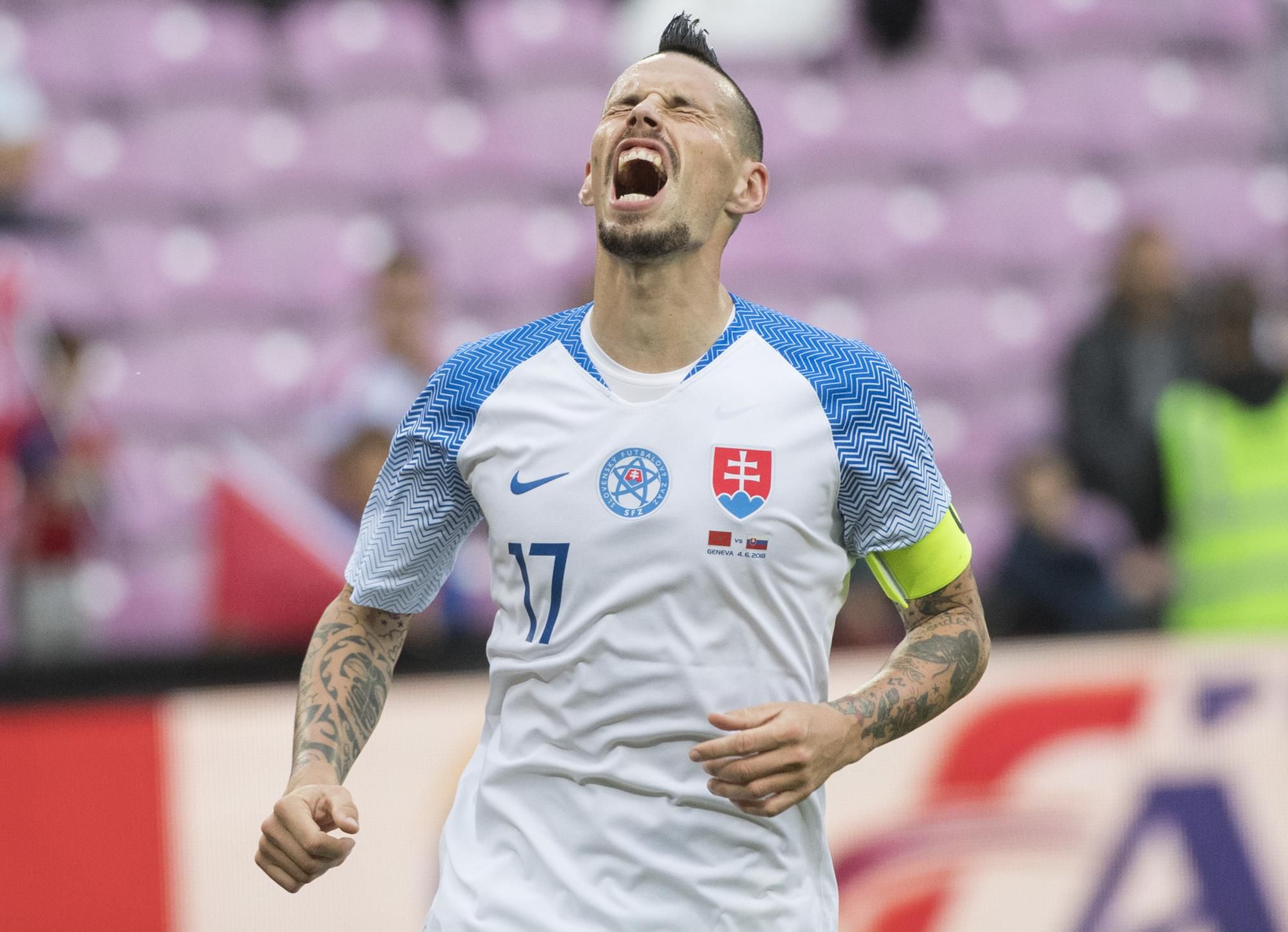 Marek Hamšík po nepremenenej šanci počas stretnutia Maroko - Slovensko