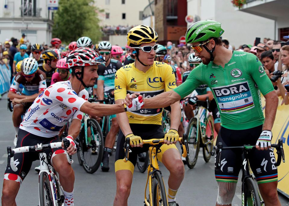Julian Alaphilippe, Geraint Thomas a Peter Sagan pred 21. etapou