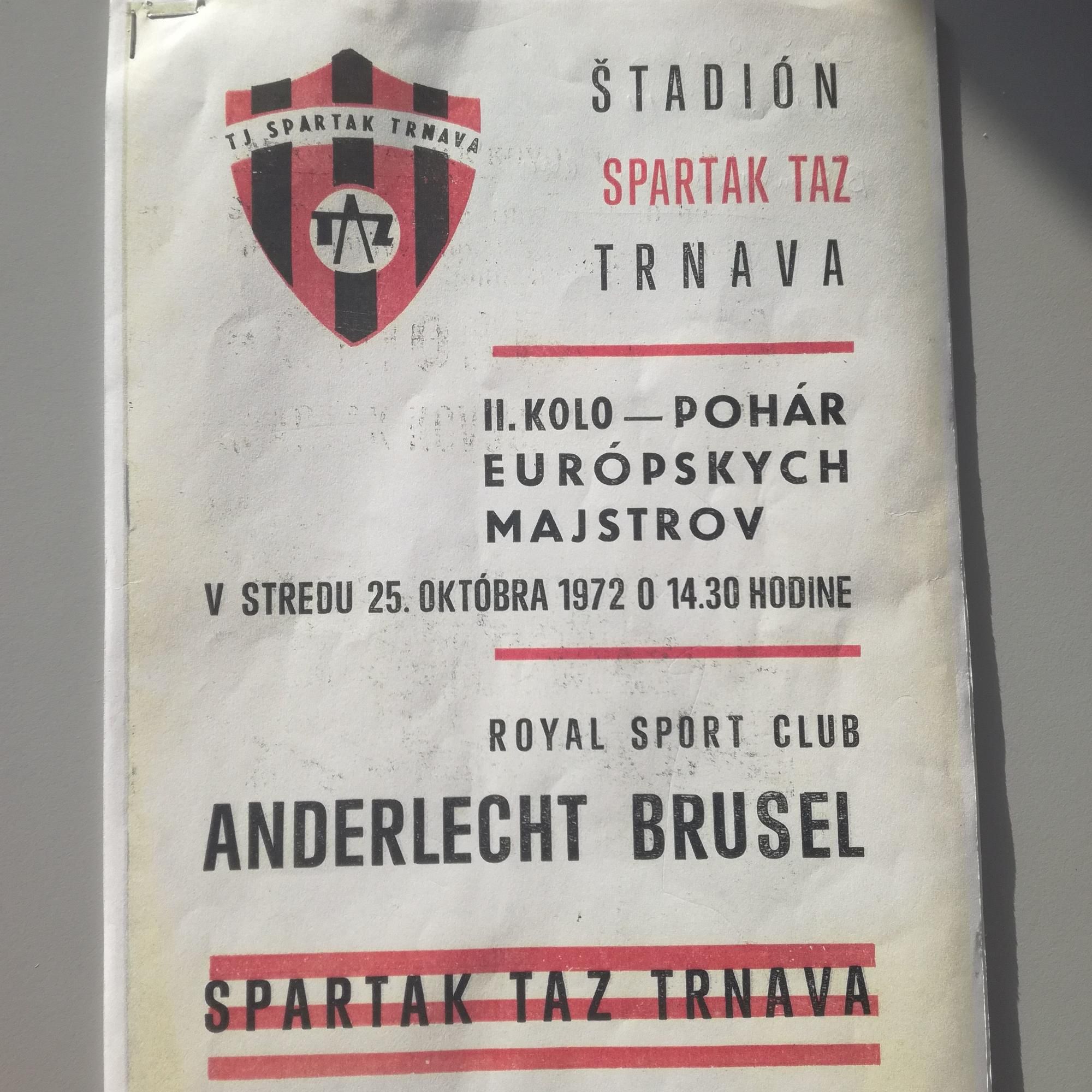 Bulletin spred zápasu Spartaka Trnava s Anderlechtom Brusel (25. októbra 1972)