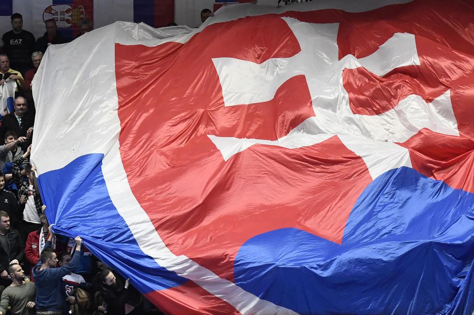 Slovenskí fanúšikovia rozprestierajú štátnu vlajku.