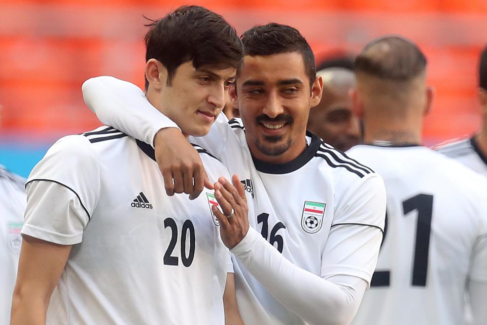 Iránski futbalisti Sardar Azmoun a Reza Ghoochannejhad.