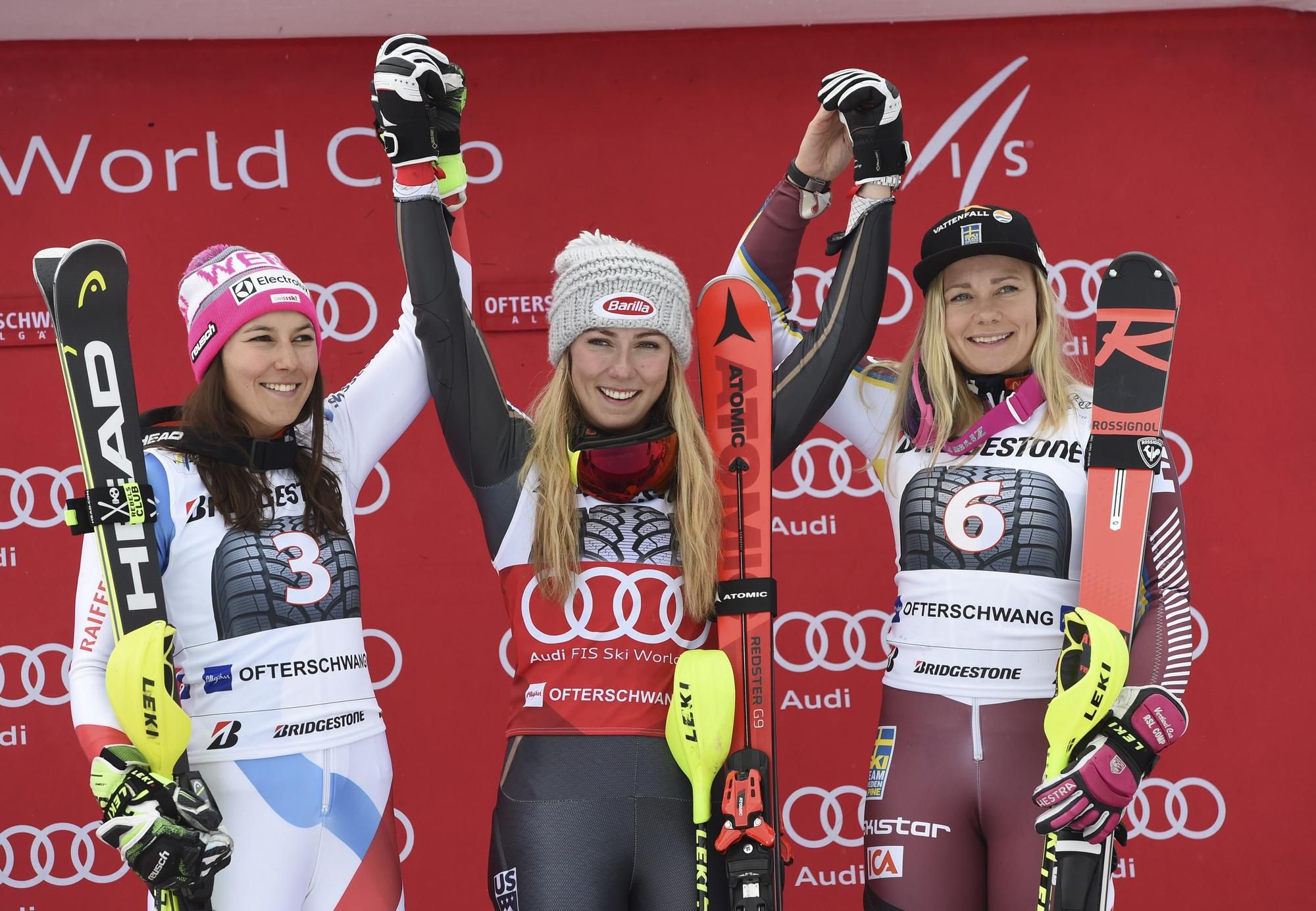 Wendy Holdenerová, Mikaela Shiffrinová a Frida Hansdotterová.