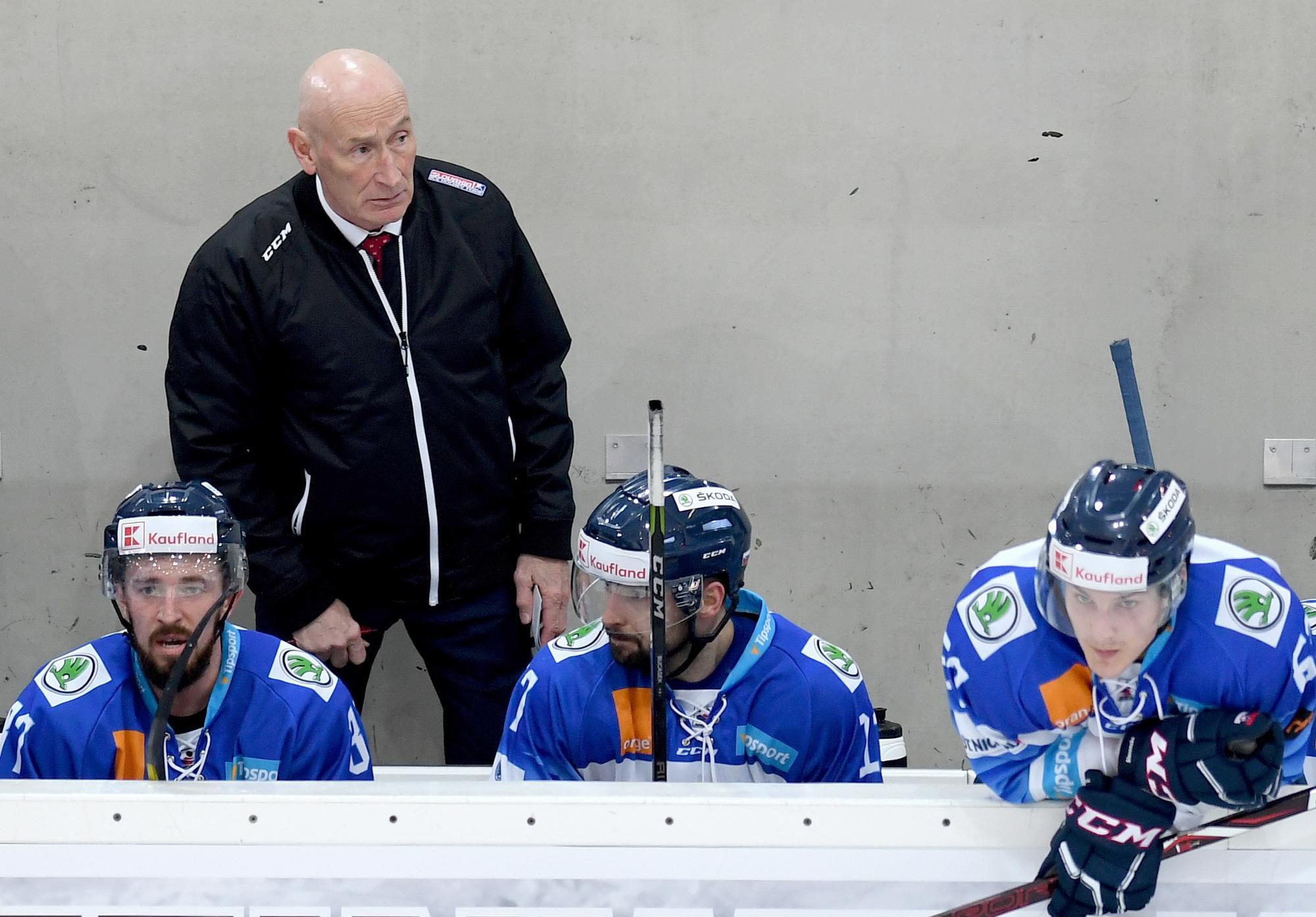 tréner slovenskej hokejovej reprezentácie Craig Ramsay dáva pokyny na striedačke