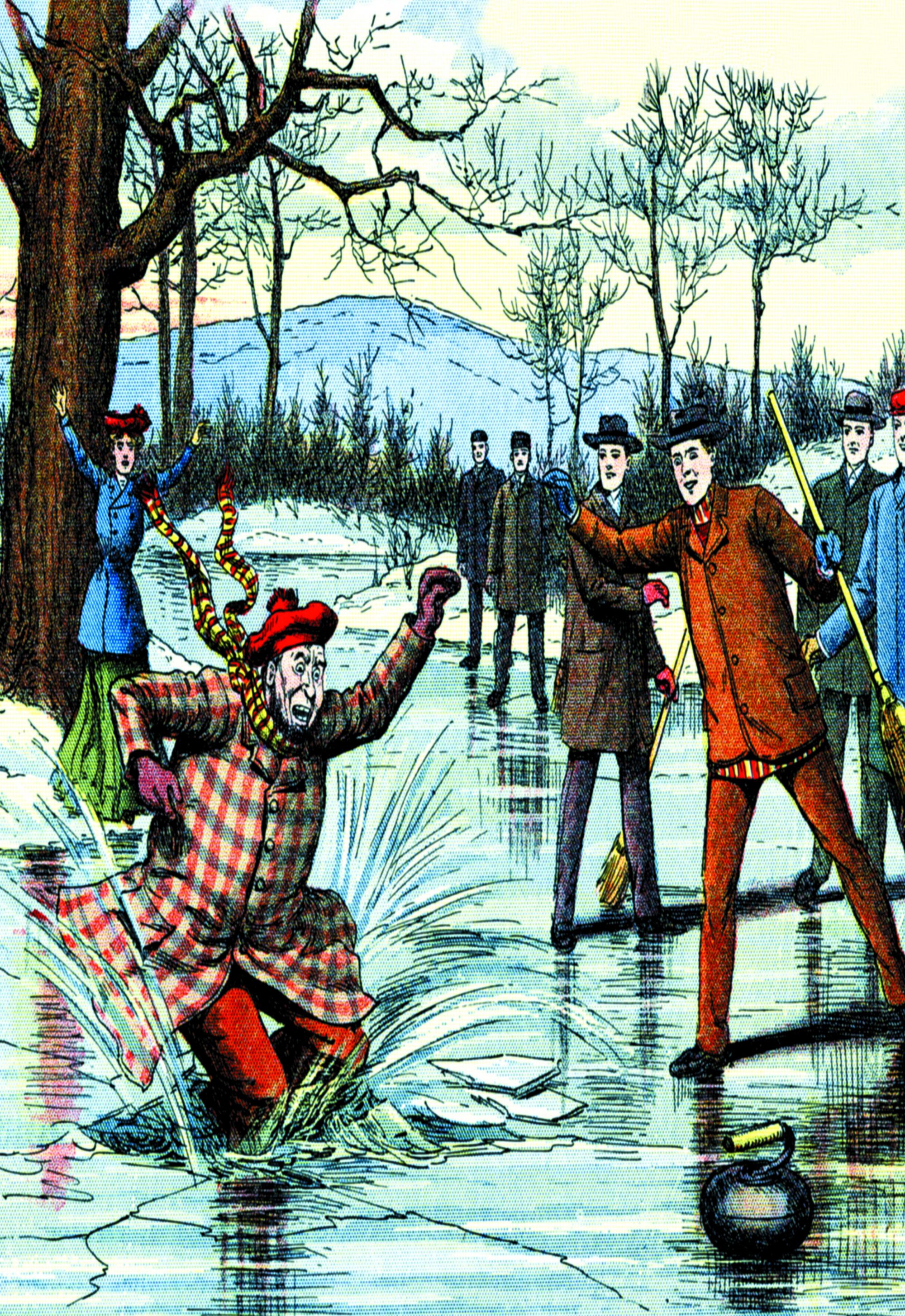 BONUS: Karikatúra z roku 1900: Pád pod ľad pri curlingu.