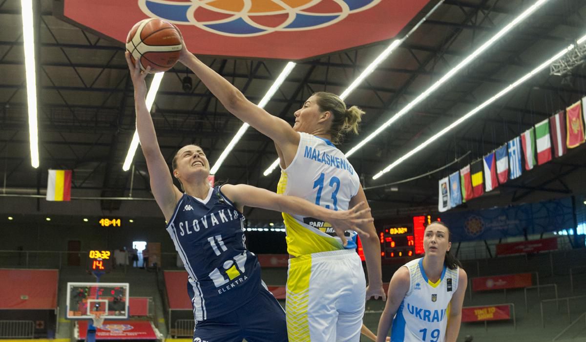 Barbora Bálintová, Olesja Malašenková a Taisija Udodenková (Ukrajina) v kvalifikácii o štvrťfinále na ME v basketbale žien Ukrajina - Slovensko