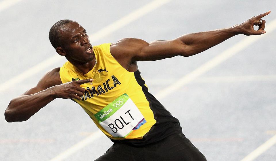 Usain Bolt vo svojej typickej póze
